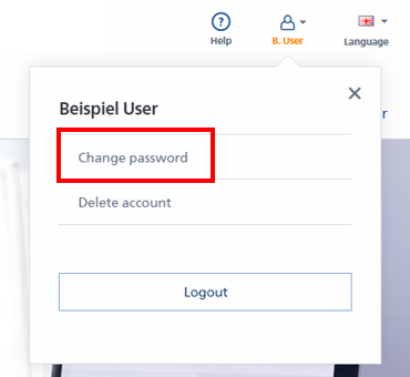 De gebruikersinterface toont opties voor "Wachtwoord wijzigen", "Account verwijderen" en "Afmelden" voor de gebruiker "Voorbeeld Gebruiker".