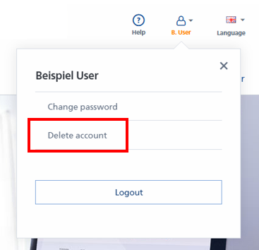 Gebruikersinterface met opties voor 'Wachtwoord wijzigen' en 'Account verwijderen' in rode letters.