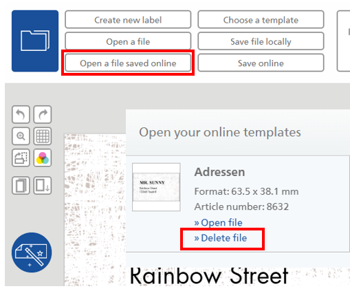 Knoppen voor bestandsbeheer met opties om online sjablonen te openen en te verwijderen, evenals een adresformaat en artikelnummer.