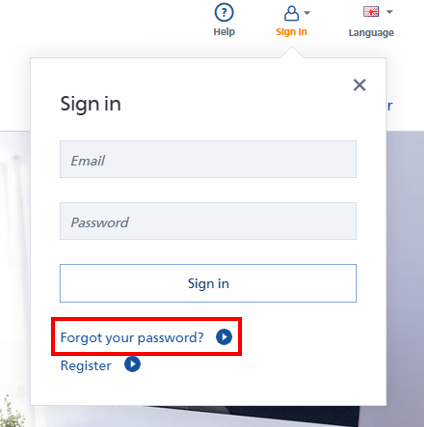 Aanmeldvenster met velden voor e-mail en wachtwoord, evenals links voor wachtwoord vergeten en registratie.