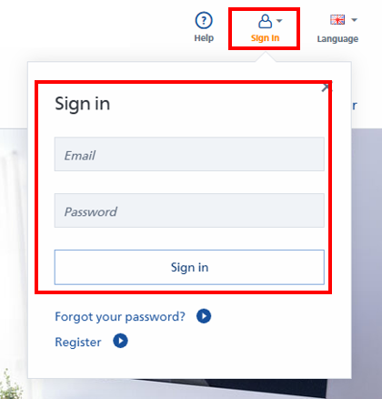 Inschrijvingsvenster met velden voor e-mail en wachtwoord, evenals een knop "Inloggen". Er zijn ook links voor "Wachtwoord vergeten" en "Registreren".