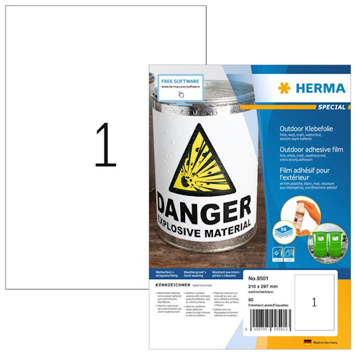 Verpakking met outdoor plakfolie van Herma, toont waarschuwingssymbool voor explosieve materialen. Bevat informatie over gebruik en afmetingen.
