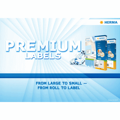 Premiumlabels van Herma, verkrijgbaar in verschillende maten, van groot tot klein, voor veelzijdige toepassingen.