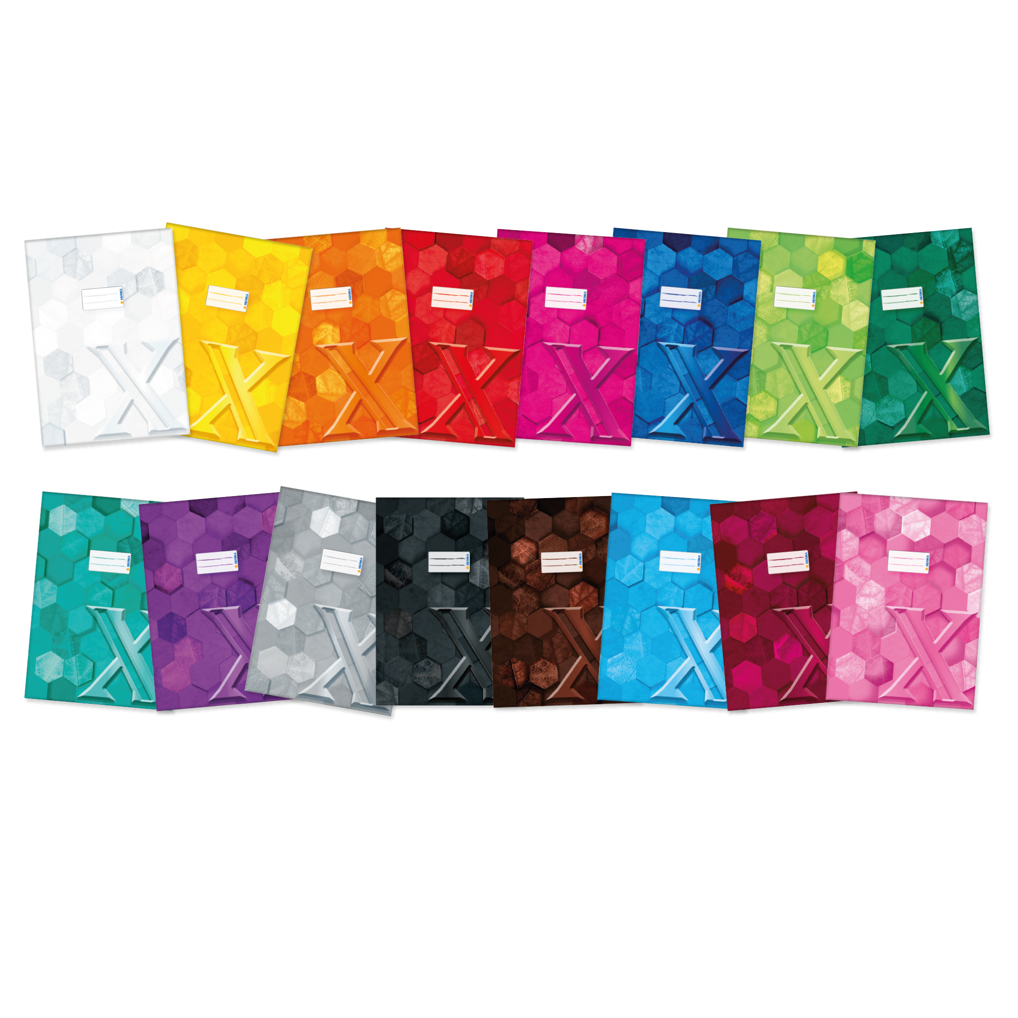 Eine Reihe von Notizheften in verschiedenen Farben, darunter Weiß, Gelb, Orange, Pink, Grün, Blau, Lila, Schwarz und Braun, angeordnet in einer Linie.