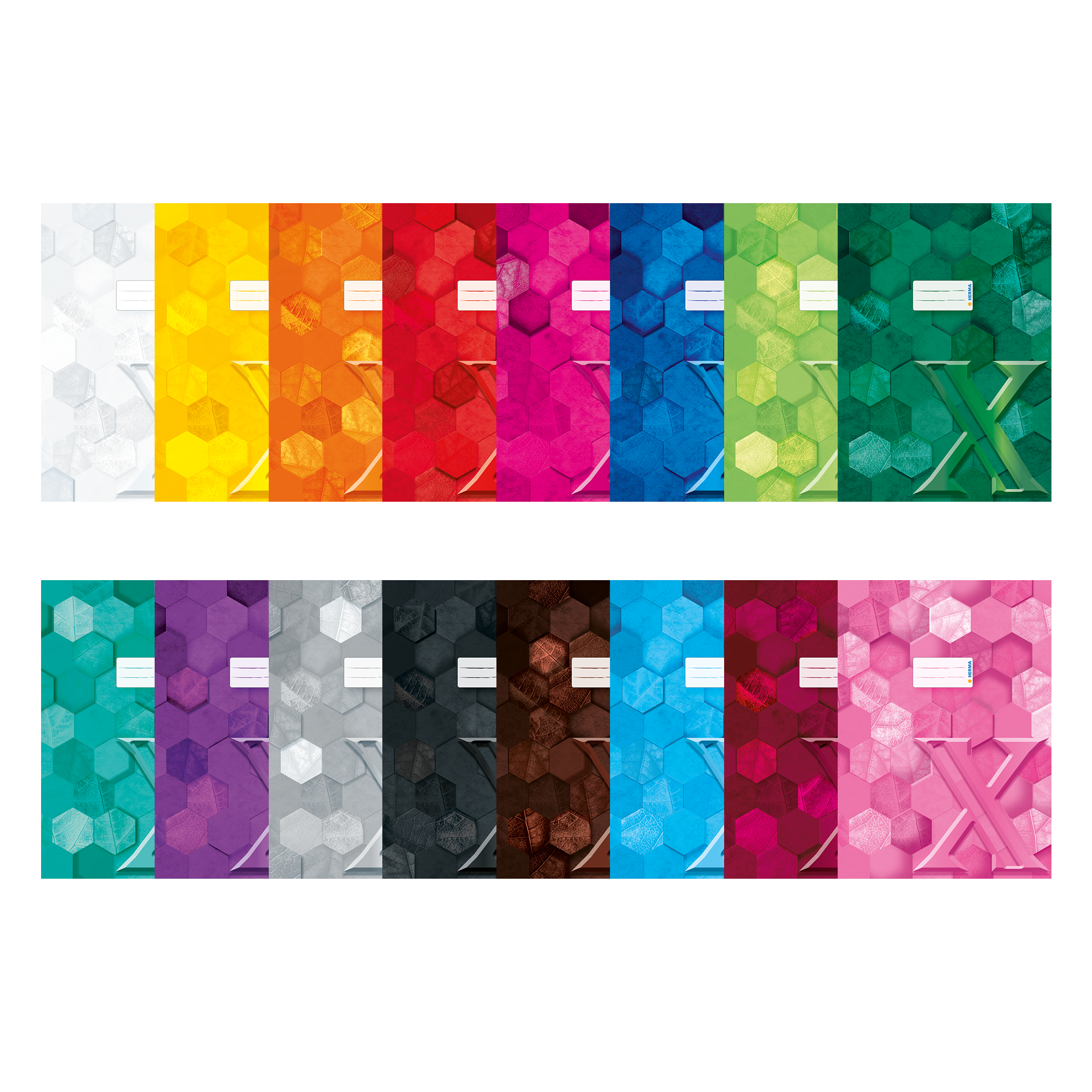 Bunte Notizhefte in verschiedenen Farben, angeordnet in zwei Reihen, mit hexagonalen Mustern und einem großen "X" auf einigen Heften.