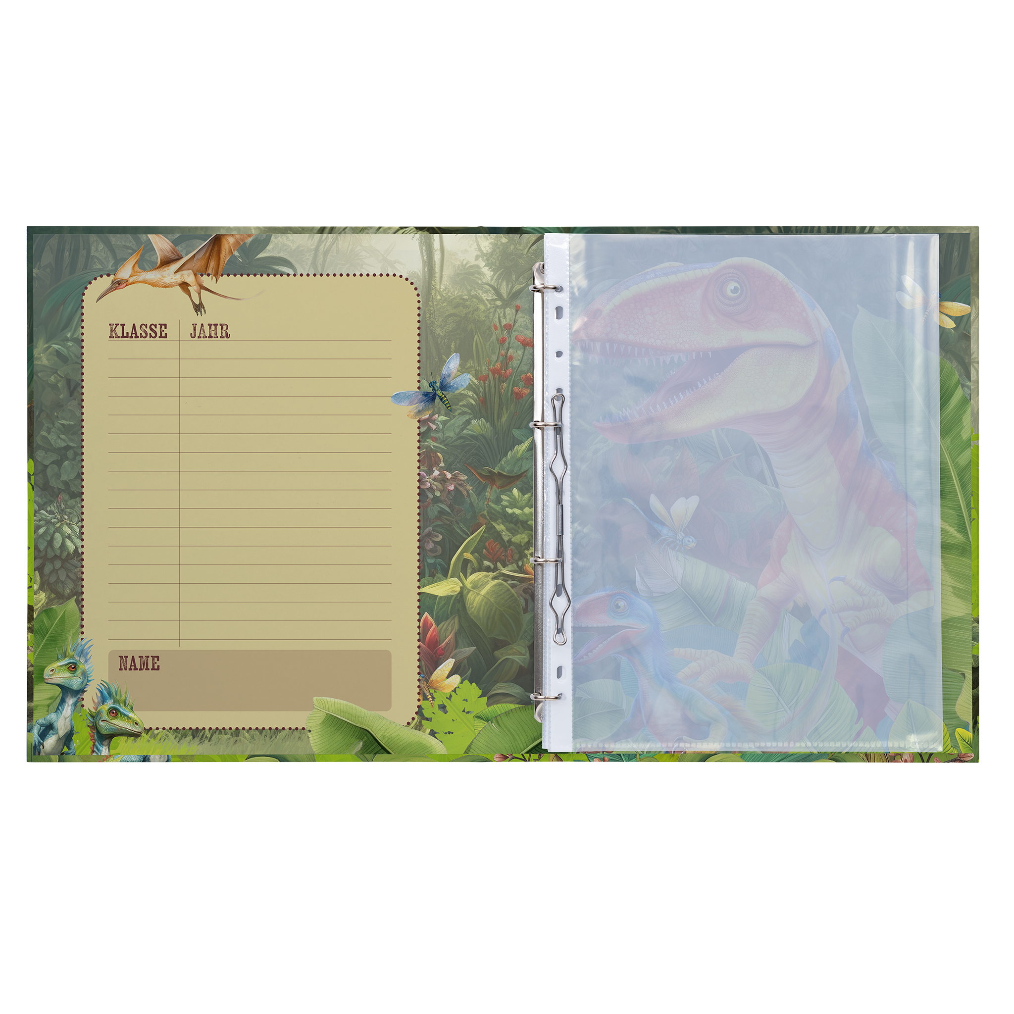 Een schrift met een dinosaurusthema op de achtergrond. Links zijn lege regels voor klas en jaar, rechts een doorzichtige hoes.