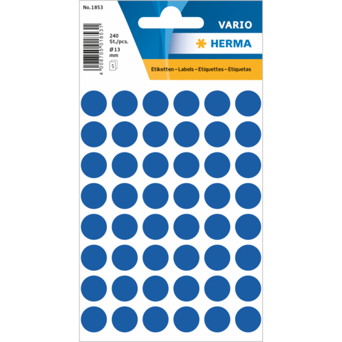Blaues Etikettenblatt mit 240 runden Aufklebern, Durchmesser 13 mm, auf weißem Hintergrund.