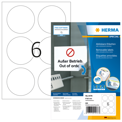 Ablösbare Etiketten mit sechs runden Aufklebern auf einem Blatt, verpackt in einer blauen und weißen Verpackung mit der Aufschrift „Außer Betrieb“.