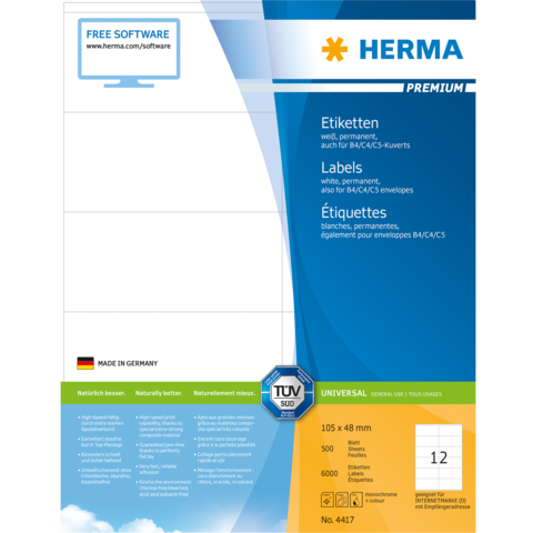 Etikettenpackung von HERMA, weiße, permanente Etiketten für B4/C4/C5-Umschläge, 105 x 48 mm, 500 Stück, hergestellt in Deutschland.