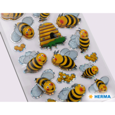 Bunte Aufkleber von Bienen und einem Bienenstock, mit verschiedenen Designs und Farben, auf einem weißen Hintergrund.