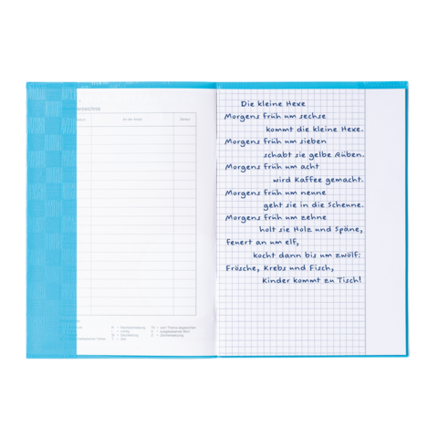 Ein offenes Buch mit handschriftlichem Text über die kleine Hexe, der verschiedene Aktivitäten und Speisen beschreibt.