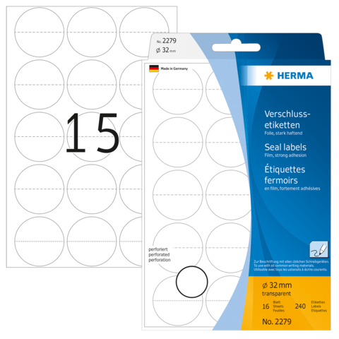 Verschlussetiketten mit 32 mm Durchmesser, 240 Stück, transparent, stark haftend, auf einem Blisterkarton.