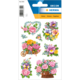 Bunte Blumenaufkleber in verschiedenen Designs, darunter Herzform, Wagen mit Rosen und Körbe mit verschiedenen Blumenarten.