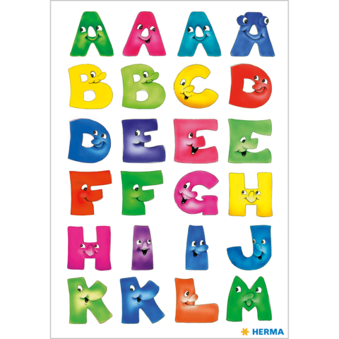 Bunte Buchstaben von A bis M mit lächelnden Gesichtern, angeordnet in mehreren Reihen auf einem weißen Hintergrund.