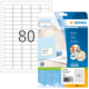 Etikettenpackung mit 80 Etiketten auf einem Bogen, inklusive Beispieletiketten und Hinweis auf kostenlose Software zur Gestaltung.