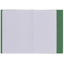 Ein offenes Notizbuch mit linierten Seiten und einem grünen Einband. Die Seiten sind leer und bereit zum Beschreiben.