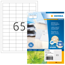 Etikettenbogen aus Recyclingpapier mit 65 Etiketten, inklusive Softwarehinweis und Produktinformationen auf der Verpackung.