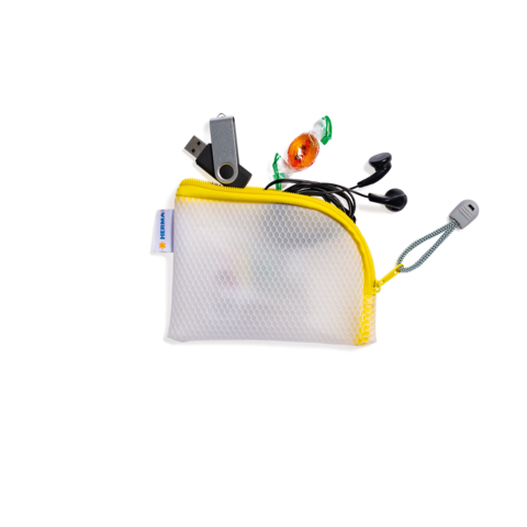 Ein gelbes Etui mit einem transparenten Fenster, das Kabel und Zubehör enthält, darunter ein grüner und ein orangefarbener Gegenstand.