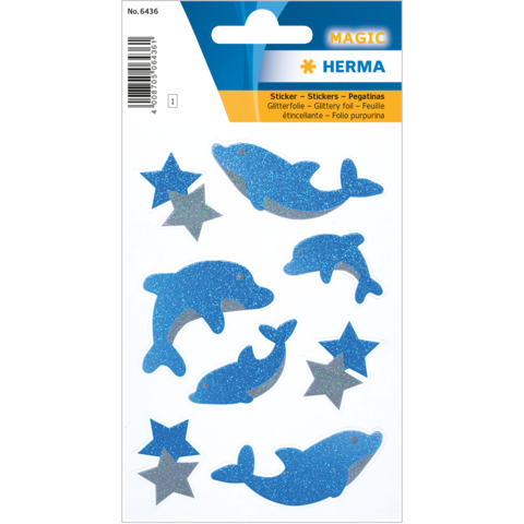 Glitzernde Aufkleber mit Delfinen und Sternen in Blau und Silber. Ideal für Bastelprojekte oder Dekoration.