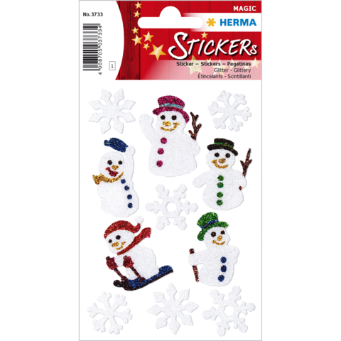 Glitzernde Aufkleber mit Schneemännern in verschiedenen Farben und Schneeflocken. Ideal für winterliche Bastelprojekte.