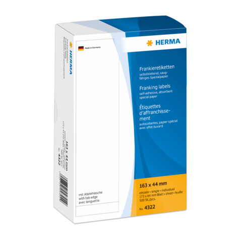 Selbstklebende Frankieretiketten in einer Verpackung, Maße 163 x 44 mm, geeignet für spezielle Anwendungen.