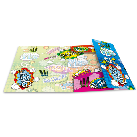 Bunte Unterlage mit Comic-ähnlichen Ausdrücken wie "BANG", "WOW" und "HA HA", die in verschiedenen Farben und Schriftarten gestaltet sind.