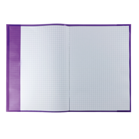 Ein offenes kariertes Heft mit lila Einband, das leere Seiten zeigt.