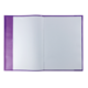 Ein offenes kariertes Heft mit lila Einband, das leere Seiten zeigt.