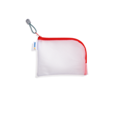Transparente Tasche mit rotem Reißverschluss und grauem Griff, geeignet für die Aufbewahrung von kleinen Gegenständen.