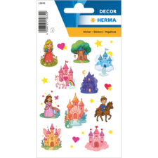 Fleurige stickers met prinsessen, kastelen, een boom, een ruiter en verschillende decoratieve elementen zoals harten en regenbogen.