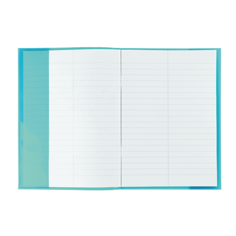 Ein offenes Notizbuch mit leeren, linierten Seiten und einem blauen Umschlag.