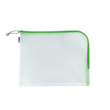 Transparente Tasche mit grünem Reißverschluss, geeignet zur Aufbewahrung von Dokumenten oder Kleinigkeiten.