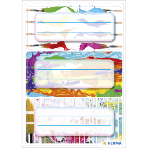 Bunte Etiketten mit verschiedenen Farbmustern und Linien zum Beschriften, umgeben von Malutensilien und Farbklecksen.