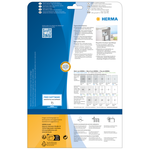 Rückseite einer Verpackung mit Informationen zu HERMA Produkten, einschließlich Anweisungen und einem Hinweis auf kostenlose Software.