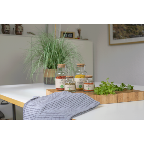 Gläser mit Gewürzen und frischen Kräutern auf einem Holzbrett, daneben ein gestreiftes Geschirrtuch und eine Pflanze im Hintergrund.