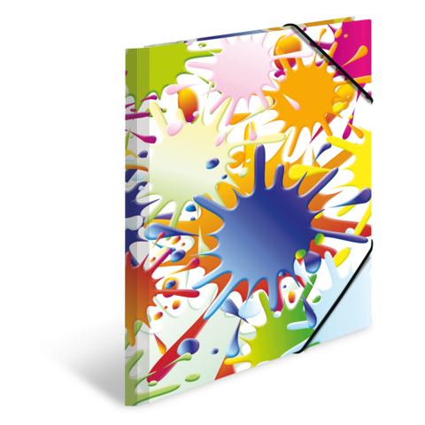 Bunte Farbkleckse in verschiedenen Formen und Größen auf einem Ordner, der kreativ und lebhaft gestaltet ist.