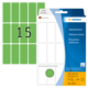 Grüne Haftetiketten auf einem Blisterpack, mit der Aufschrift "15" und Informationen zu Größe und Anzahl der Etiketten.