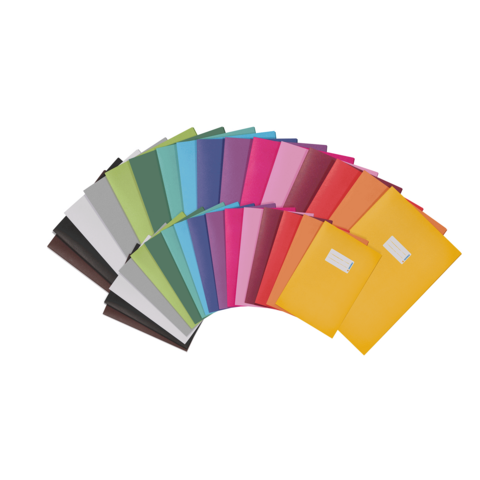 Fleurige mappen in verschillende kleuren, gerangschikt in een waaierachtig patroon.