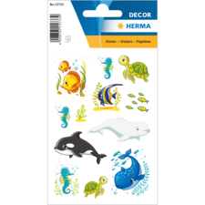 Bunte Meerestier-Sticker, darunter Fische, Schildkröten, Wale und Seepferdchen, auf einem dekorativen Hintergrund.