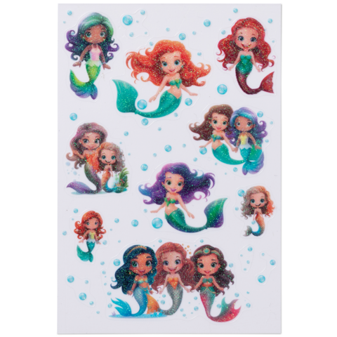 Bunte Aufkleber von Meerjungfrauen in verschiedenen Farben und Posen, umgeben von kleinen Blasen.