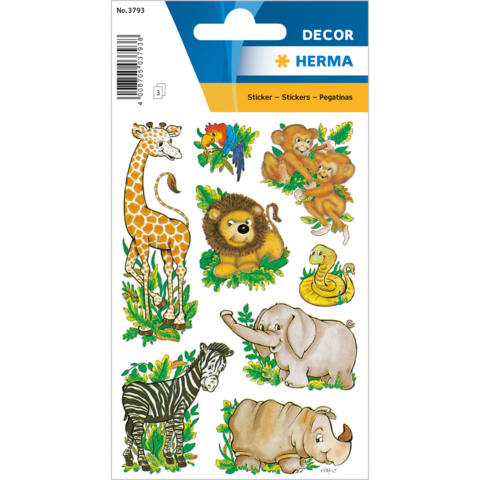 Tieraufkleber mit einer Giraffe, einem Löwen, zwei Bären, einem Elefanten, einem Zebra, einem Papagei und einer Schlange, umgeben von Pflanzen.