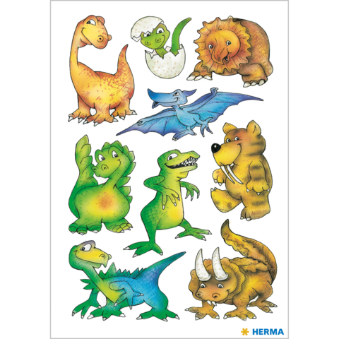 Bunte Dinosaurier und ein Löwe in verschiedenen Posen, darunter ein schlüpfendes Ei und ein fliegender Pterosaurier.