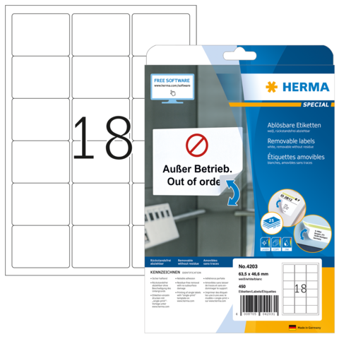 Packung mit ablösbaren Etiketten, zeigt die Nummer 18 und den Hinweis "Außer Betrieb" in Deutsch und Englisch.