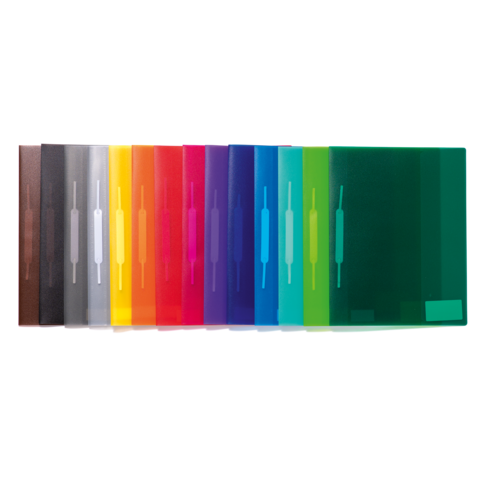 Bunte, transparente Ordner in verschiedenen Farben, angeordnet von links nach rechts: Schwarz, Grau, Rot, Gelb, Orange, Grün, Blau, Lila und Klar.