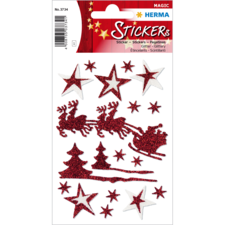 Rote Glitzer-Sticker in Form von Sternen, Weihnachtsbäumen und Rentieren auf einem weißen Hintergrund.