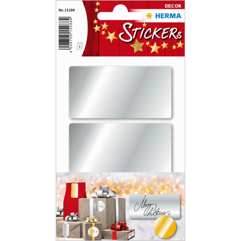 Silberne Aufkleber auf einer Karte, geeignet für Geschenke oder Dekoration, mit dem Schriftzug "Stickers" und weihnachtlichen Motiven.