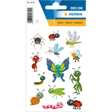 Bunte Aufkleber mit verschiedenen Insekten, darunter Käfer, Ameisen, Schmetterlinge, Raupen und eine Schnecke.