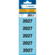 Blaues Etikettenblatt mit fünfzehn permanent haftenden Textetiketten, jeweils mit der Aufschrift "2027". Maße: 60 x 26 mm.