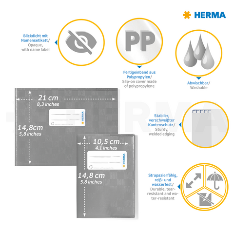 Hoge kwaliteit polypropyleen hoezen met afwasbaar ontwerp, stevige randen en naamlabel. Afmetingen: 21 x 14,8 cm en 10,5 x 14,8 cm.