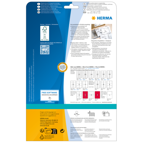 Verpackungsrückseite mit Informationen zu HERMA-Produkten, einschließlich Anleitungen, Software-Hinweisen und QR-Code.